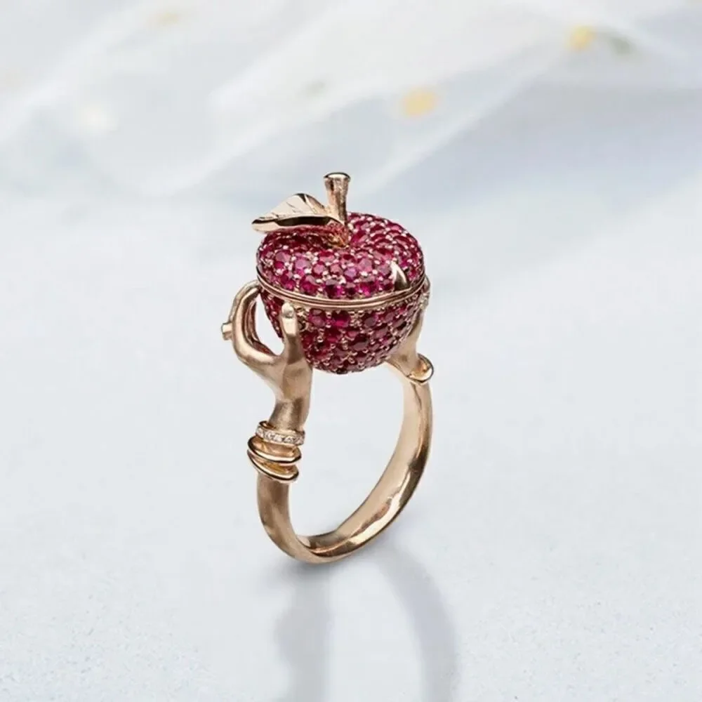 Pink Crystal Apple Poison Ring Womens Secret Compartment Statement Jewelry